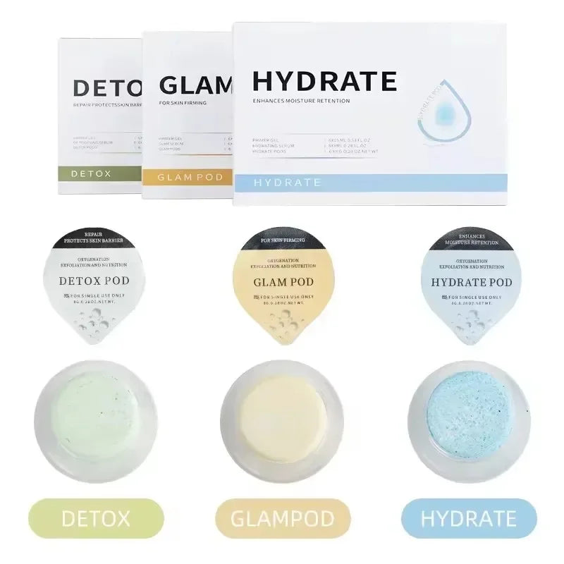 Oxygen Charcoal Revive DETOX GLAM Hydrate CO2 Oxygen Pods Capsule Serum Bubble Facial SPA Facial Kit 3 In 1 Skin Rejuvenation